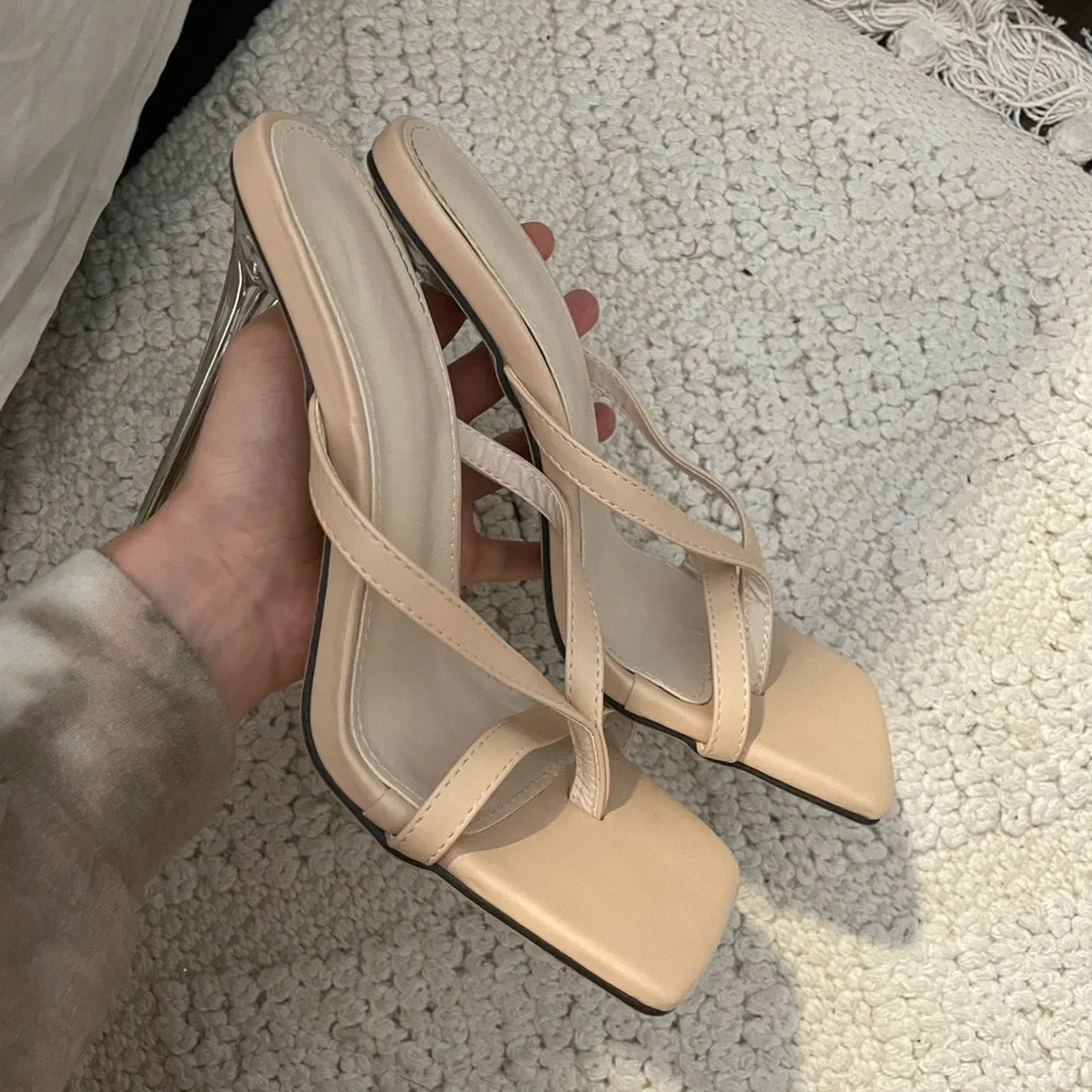 Cream‎ Square Toe Strappy Heeled Mules